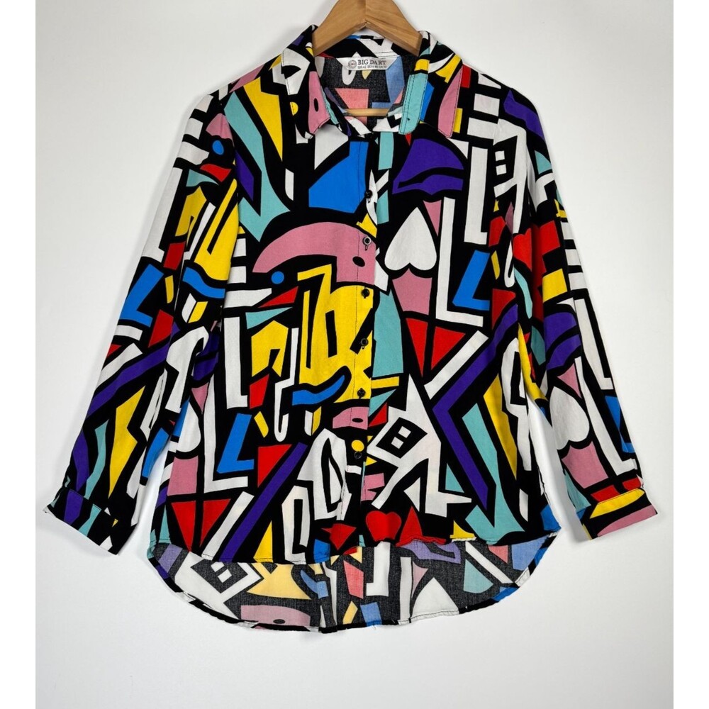 Vintage Big Dart Blouse Womens Large Abstract Geometric Print Button Front Artsy